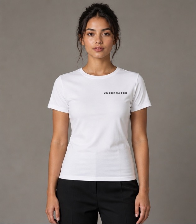Woman wearing the off-white UNDERRATED Fitted Tee